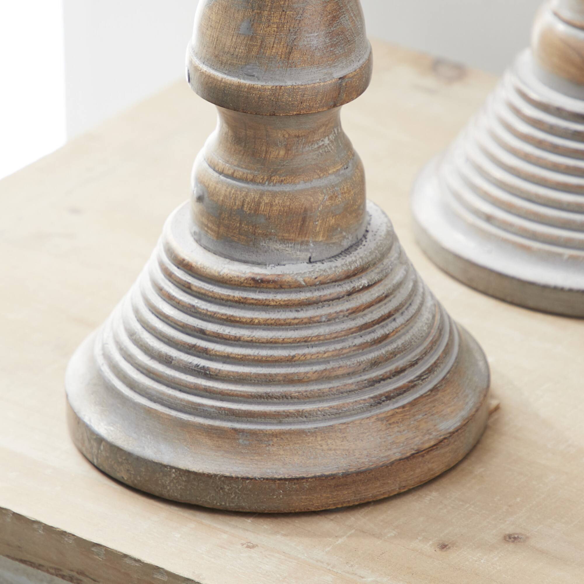 Light Gray Mango Wood Traditional Candle Holder Set